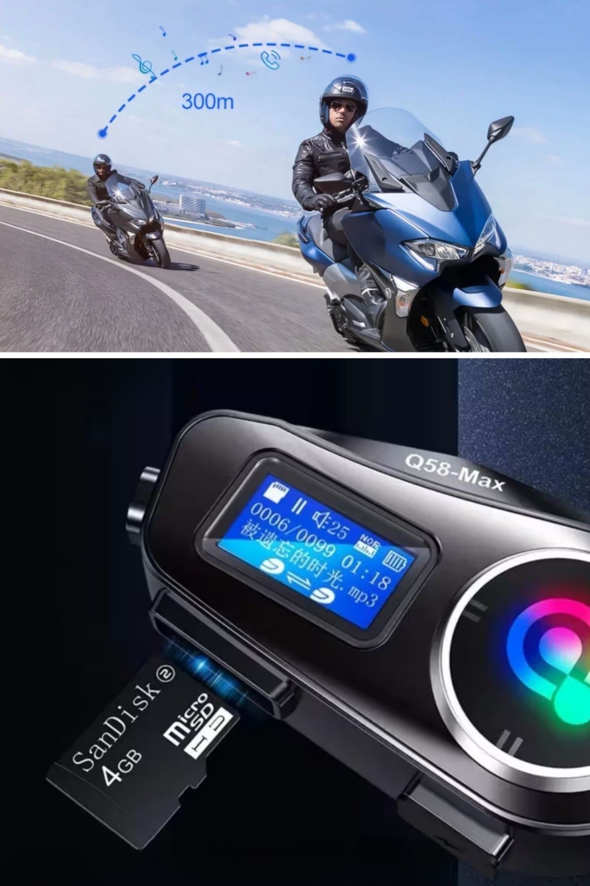 Q58 Motorsikletler İçin Fener Özellikli SD Kart Bölümlü LCD Ekranlı Kablosuz Bluetooth Kulaklıklı – Suya Dayanıklı Kask Kulaklığı