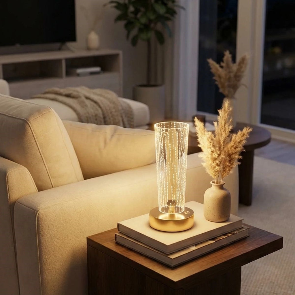 Silindirik Kristal Nokta Model LED Masa Lambası – Gold Tabanlı, Dokunmatik, 3 Renk Işık Modlu, Şarjlı Modern Dekoratif Gece Lambası
