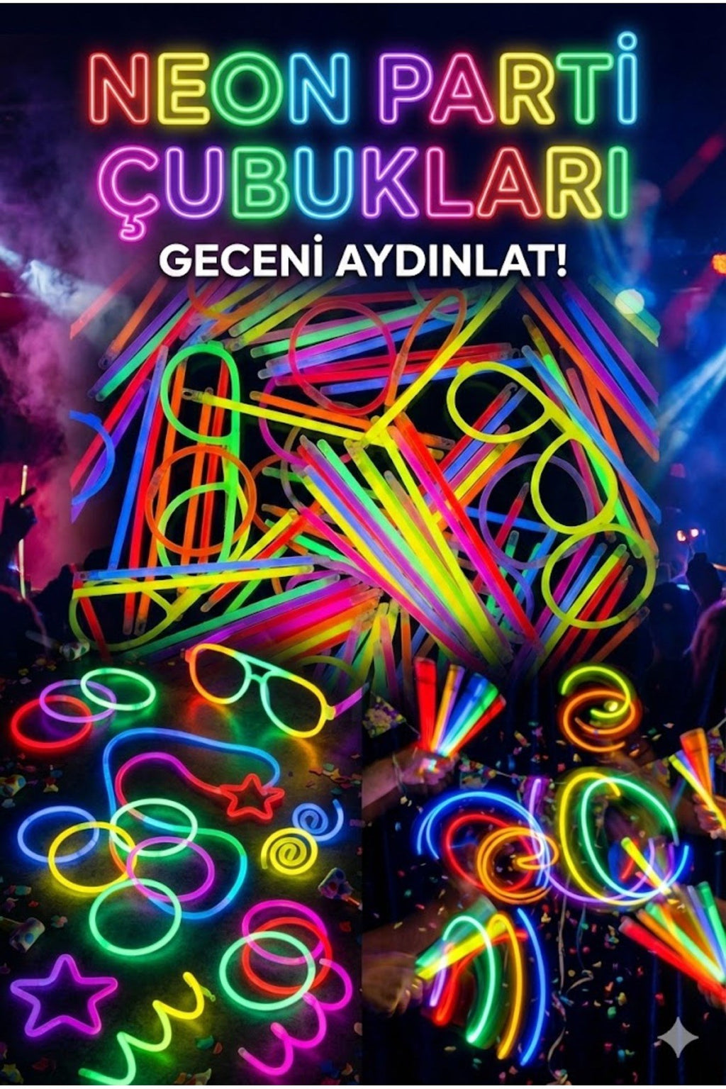 100 Adet Fosforlu Glow Stick Parti Seti | Bileklik, Kolye ve Eğlenceli Işık Çubukları