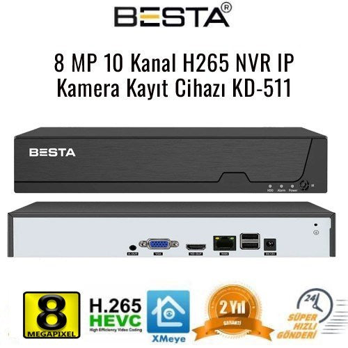 8 MP 10 Kanal H265 NVR Ip Kamera Kayıt Cihazı KD-511