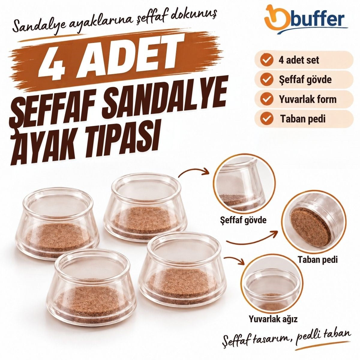 Şeffaf Yuvarlak Sandalye Ayak Tıpası 4 Adet, Taban Pedli Sandalye Ayağı Koruyucu Başlık Seti, Mobilya Ayak Koruma
