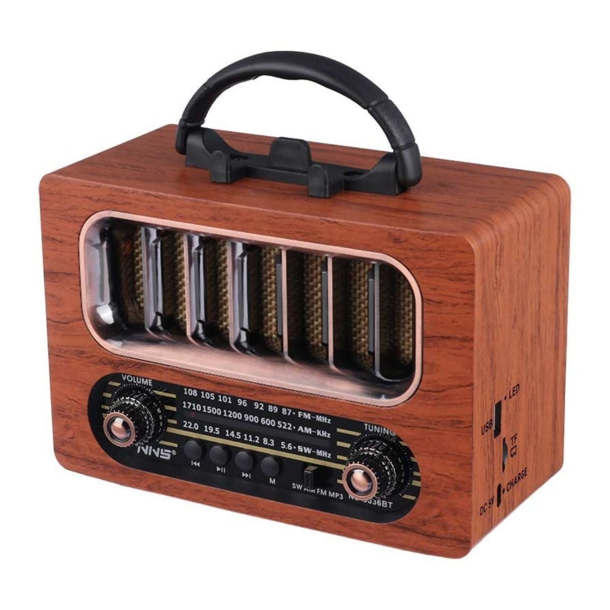 BUFFER Orta Boy Retro Ahşap Tasarım Bluetooth Hoparlörlü Radyo – FM/AM Destekli, Şarjlı ve Taşınabiliri Radyo NS-6636