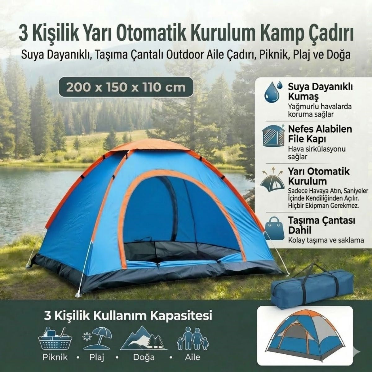 BUFFER 3 Kişilik Yarı Otomatik Kurulum Kamp Çadırı – Suya Dayanıklı, Taşıma Çantalı Outdoor Aile Çadırı, Piknik, Plaj ve Doğa 200x150x110 cm