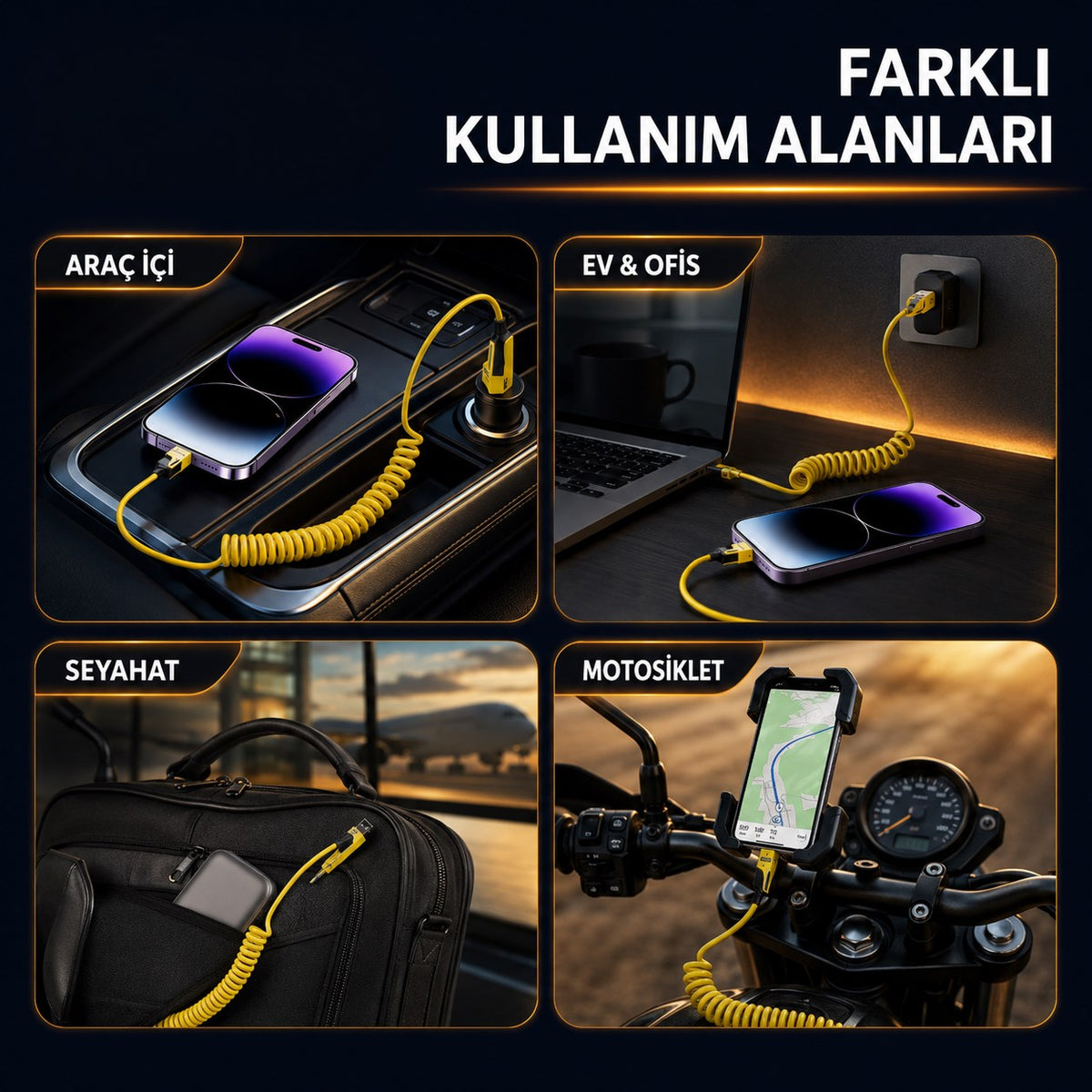 4'ü 1 Arada Esnek Spiral Hızlı Şarj Kablosu, Araç İçi Yaylı Kablo, Type-C ve Lightning Uyumlu Çoklu Şarj Kablosu