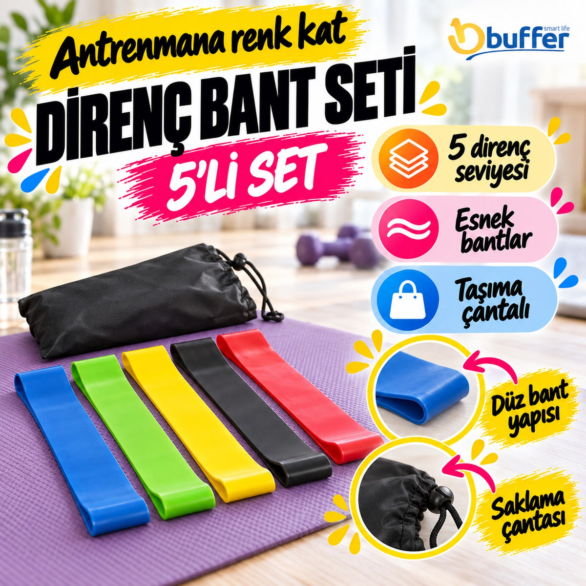 BUFFER 5'li Egzersiz Direnç Bant Seti – Pilates, Fitness ve Crossfit Lastiği (Taşıma Çantalı)
