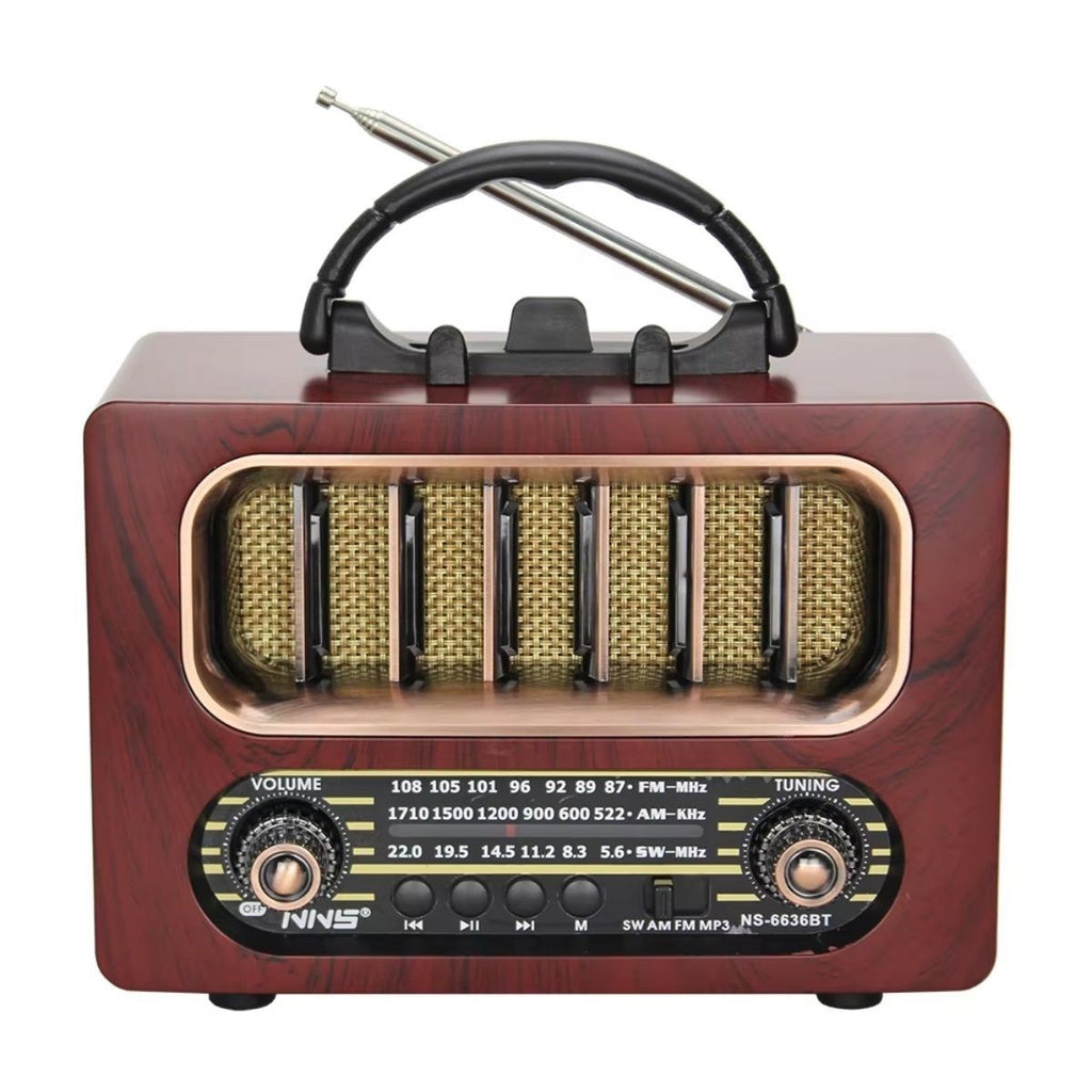 Orta Boy Retro Ahşap Tasarım Bluetooth Hoparlörlü Radyo – FM/AM Destekli, Şarjlı ve Taşınabiliri Radyo NS-6636