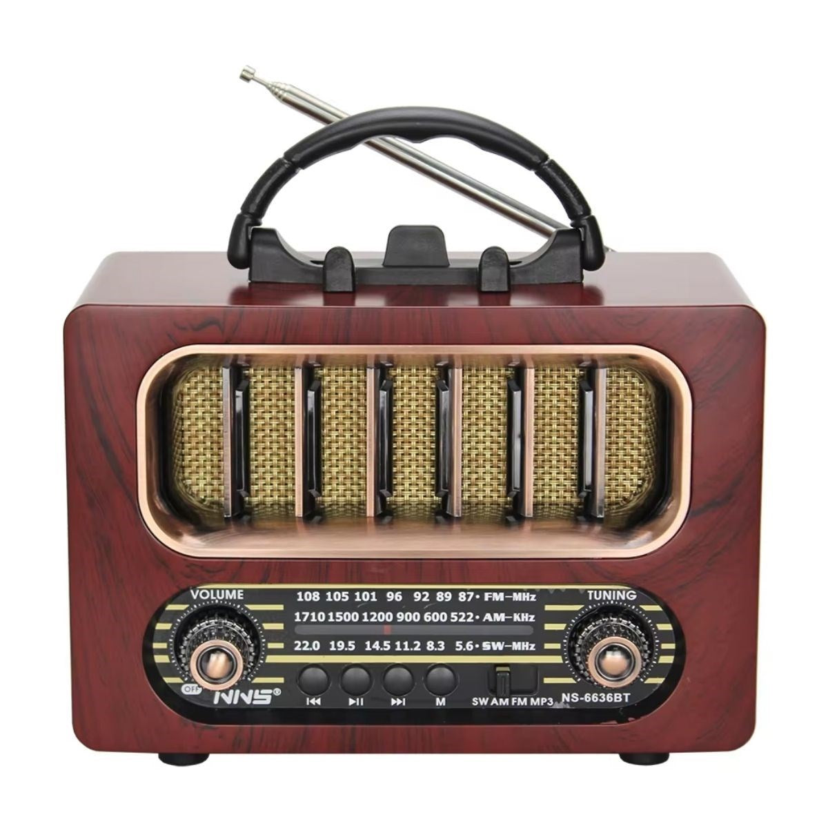 BUFFER Orta Boy Retro Ahşap Tasarım Bluetooth Hoparlörlü Radyo – FM/AM Destekli, Şarjlı ve Taşınabiliri Radyo NS-6636