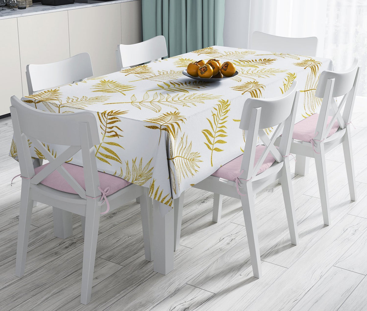 Altın Detaylı 3D Yaprak Desenli Modern Leke Tutmaz Masa Örtüsü