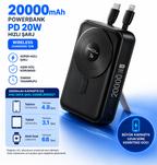 20000mAh Solar Powerbank – Dahili USB, Micro USB, Type-C ve Lightning Kablolu Taşınabilir Şarj Cihazı | 2 USB Çıkışlı