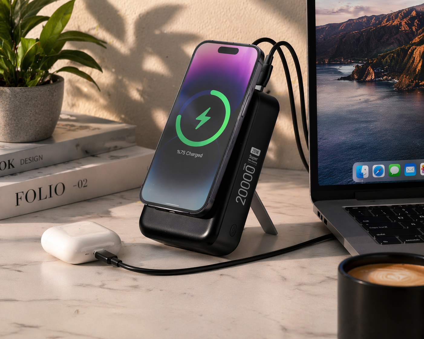 20000mAh Solar Powerbank – Dahili USB, Micro USB, Type-C ve Lightning Kablolu Taşınabilir Şarj Cihazı | 2 USB Çıkışlı