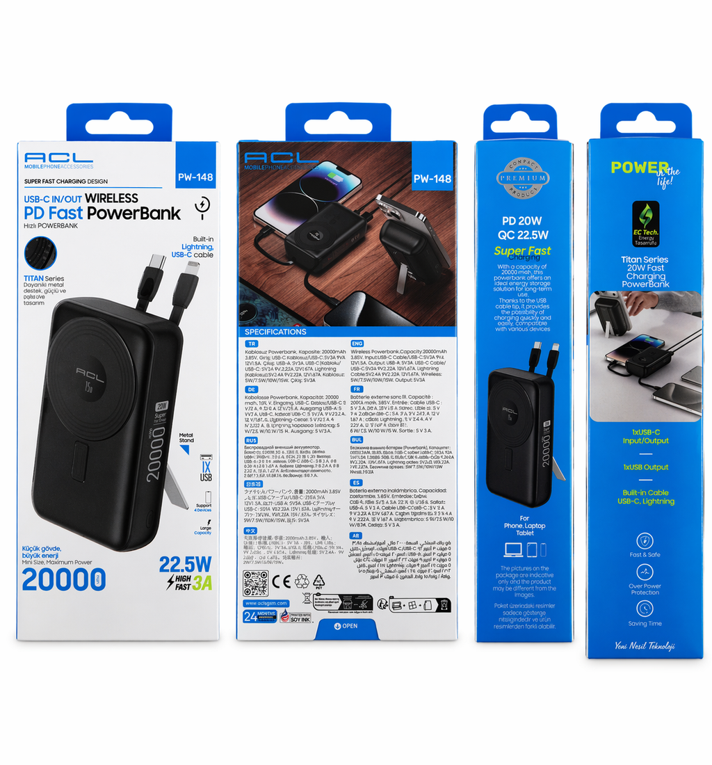 20000mAh Solar Powerbank – Dahili USB, Micro USB, Type-C ve Lightning Kablolu Taşınabilir Şarj Cihazı | 2 USB Çıkışlı