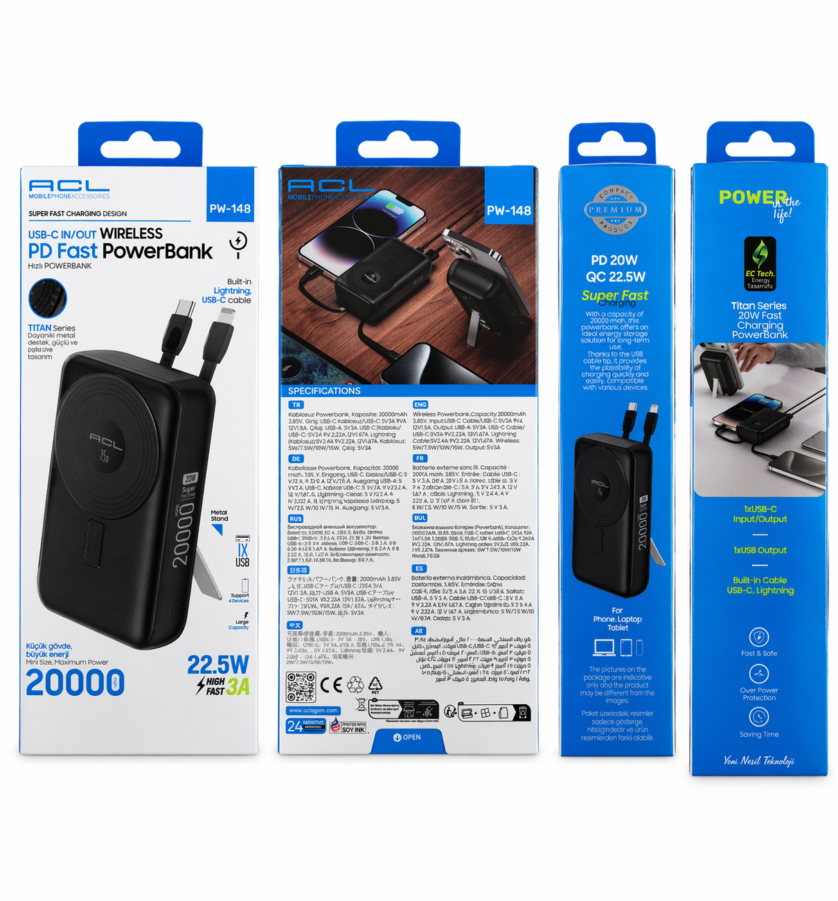 20000mAh Solar Powerbank – Dahili USB, Micro USB, Type-C ve Lightning Kablolu Taşınabilir Şarj Cihazı | 2 USB Çıkışlı