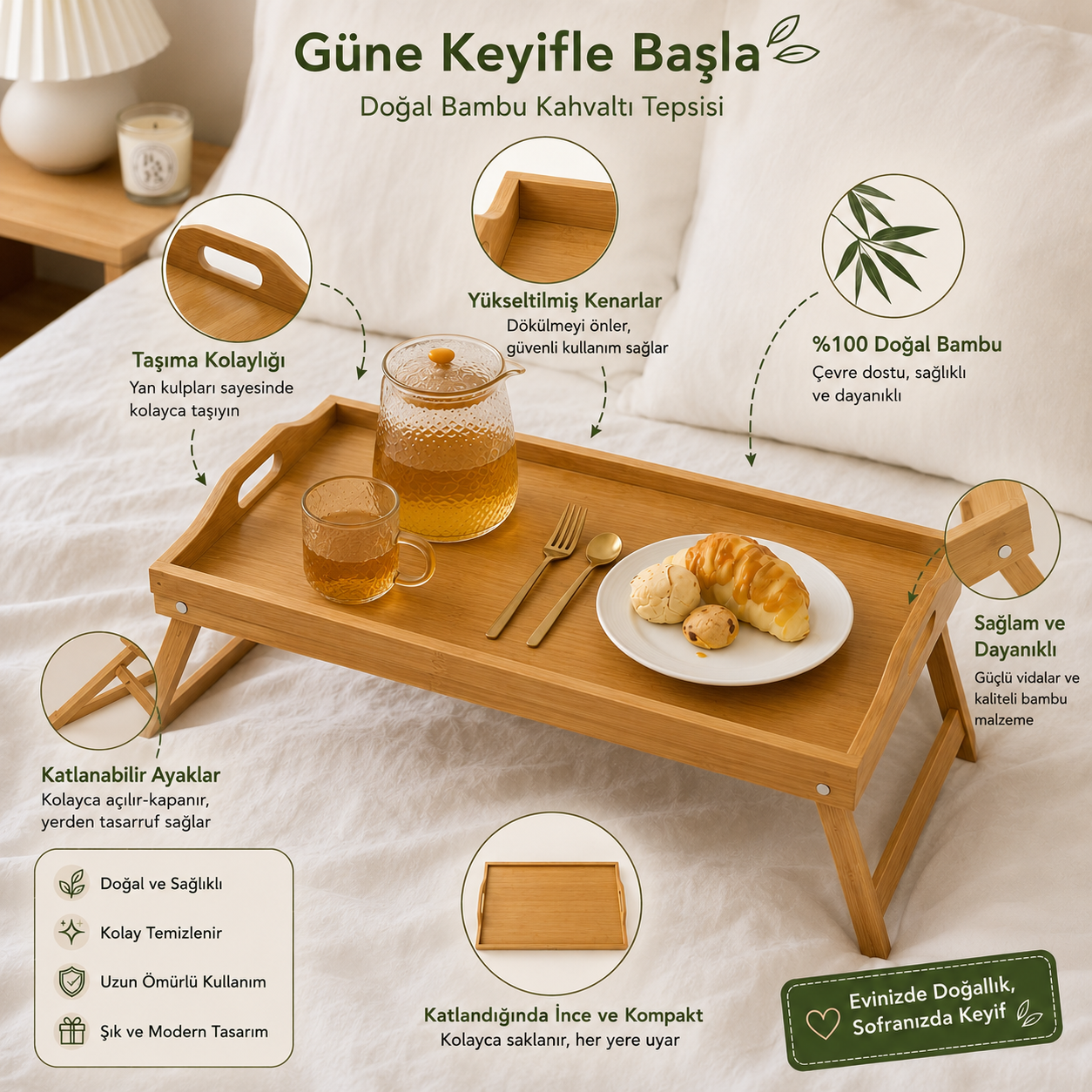 Katlanabilir Ayaklı Doğal Bambu Kahvaltı Tepsisi – Yatakta Servis ve Sunum Tepsisi