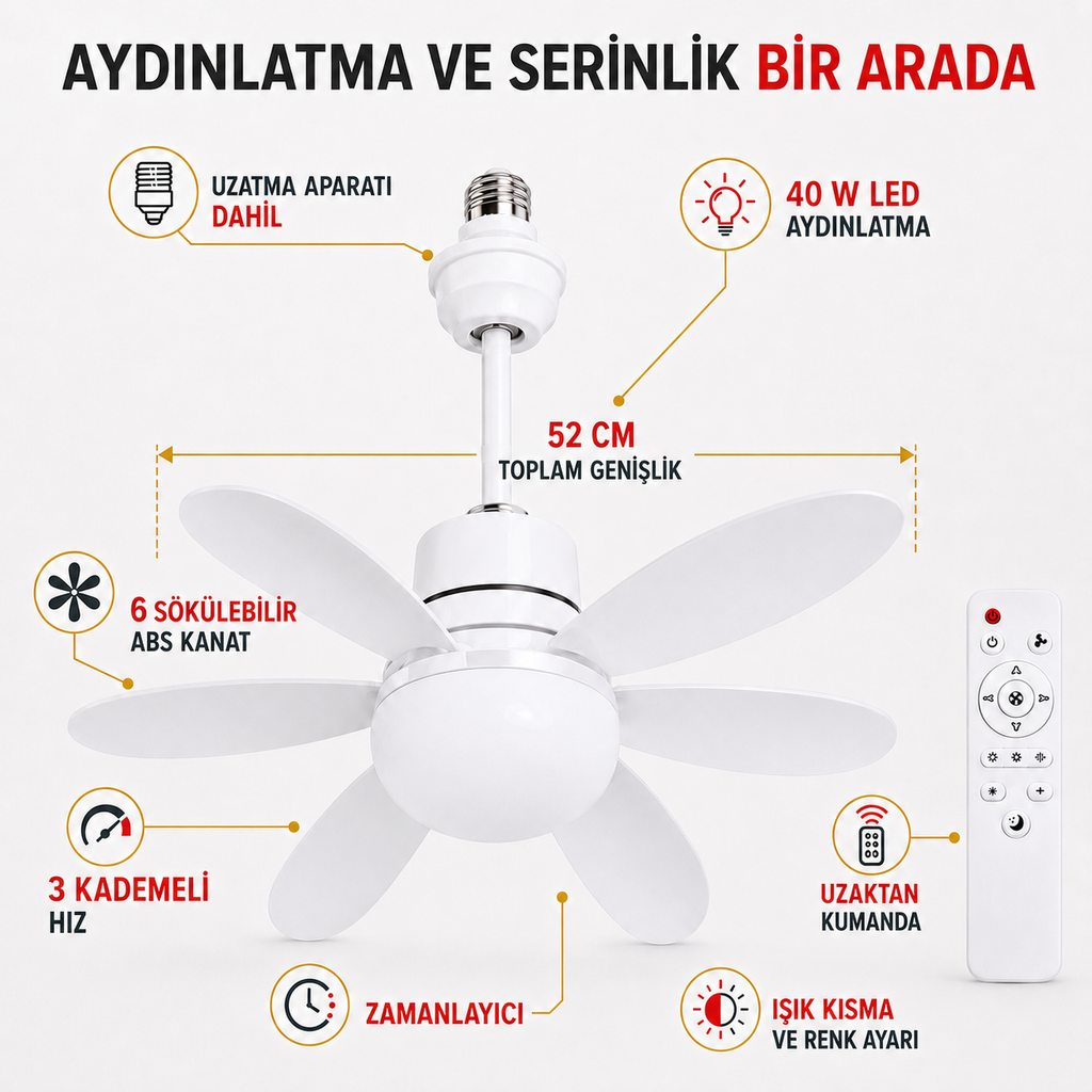 Ampul Duyuna Takılan 6 Kanatlı LED Tavan Vantilatörü – 52 cm, Uzaktan Kumandalı