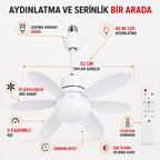 Ampul Duyuna Takılan 6 Kanatlı LED Tavan Vantilatörü – 52 cm, Uzaktan Kumandalı