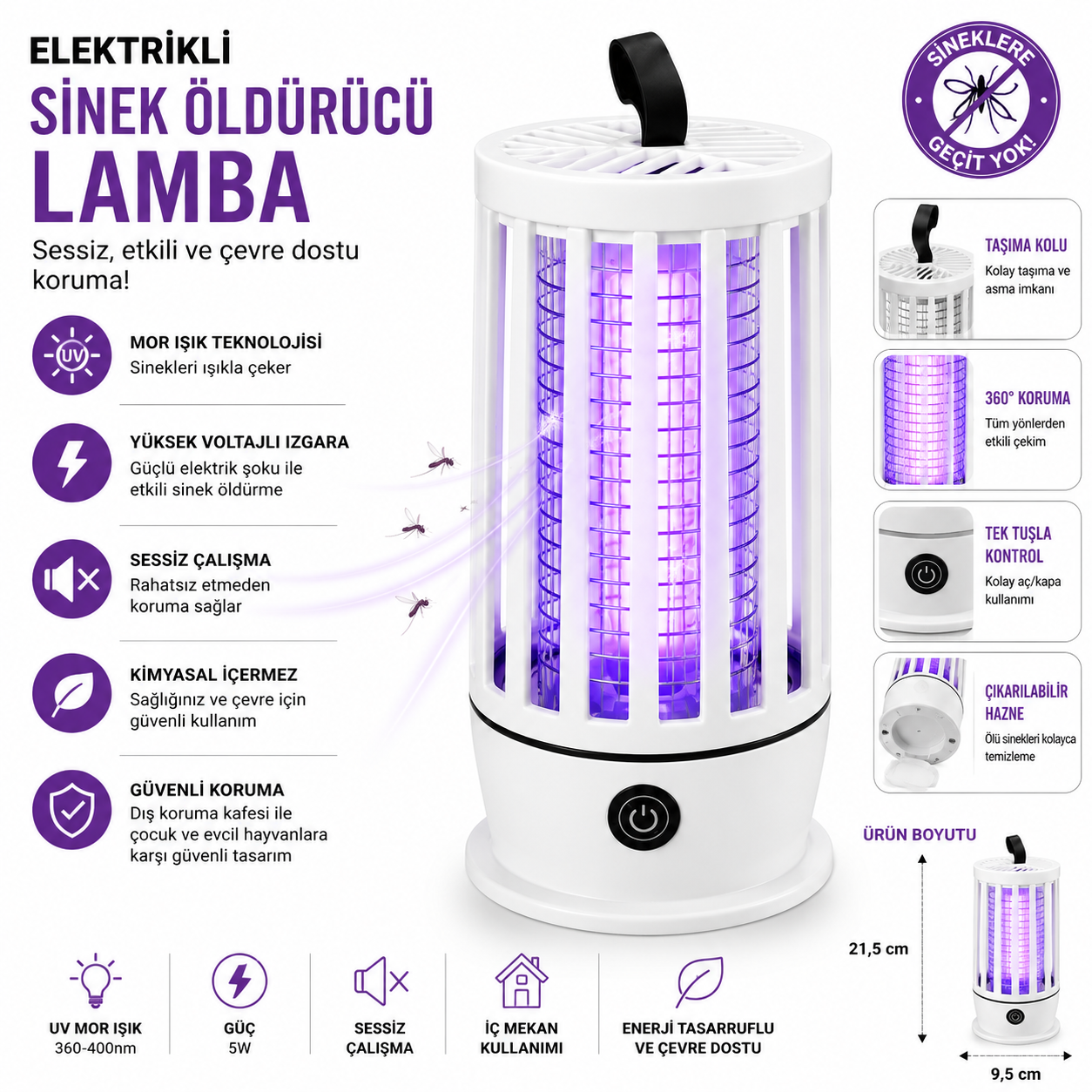 Elektrikli Sinek Öldürücü Lamba – Mor UV Işıklı, Sessiz ve Taşınabilir