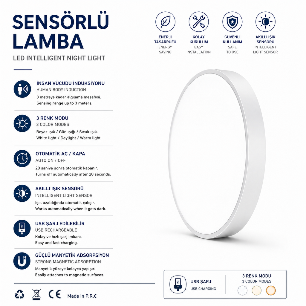 Sensörlü LED Lamba Seti – USB Şarjlı Hareket Sensörlü Manyetik Gece Lambası, 3 Renk Modlu Akıllı Aydınlatma 3’lü / 6’lı Set