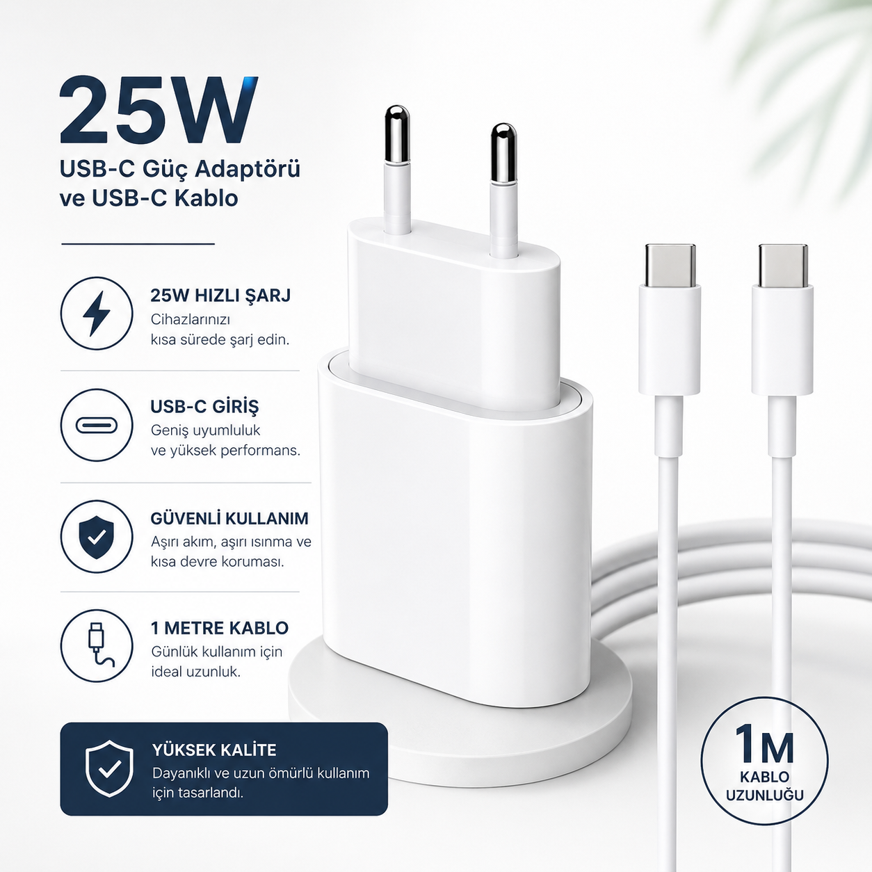 25W USB-C Hızlı Şarj Adaptörü ve USB-C to USB-C Kablo Seti 1M – Type-C Güç Adaptörü