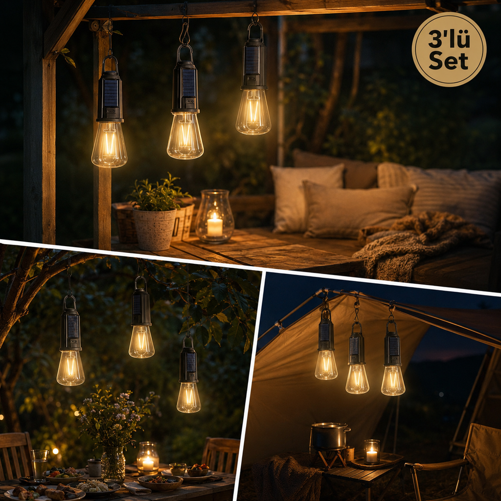 3’lü Set Solar Şarjlı LED Kamp Lambası – Type-C Şarjlı Askılı Taşınabilir Aydınlatma