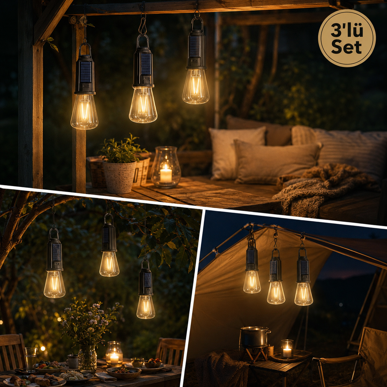 3’lü Set Solar Şarjlı LED Kamp Lambası – Type-C Şarjlı Askılı Taşınabilir Aydınlatma