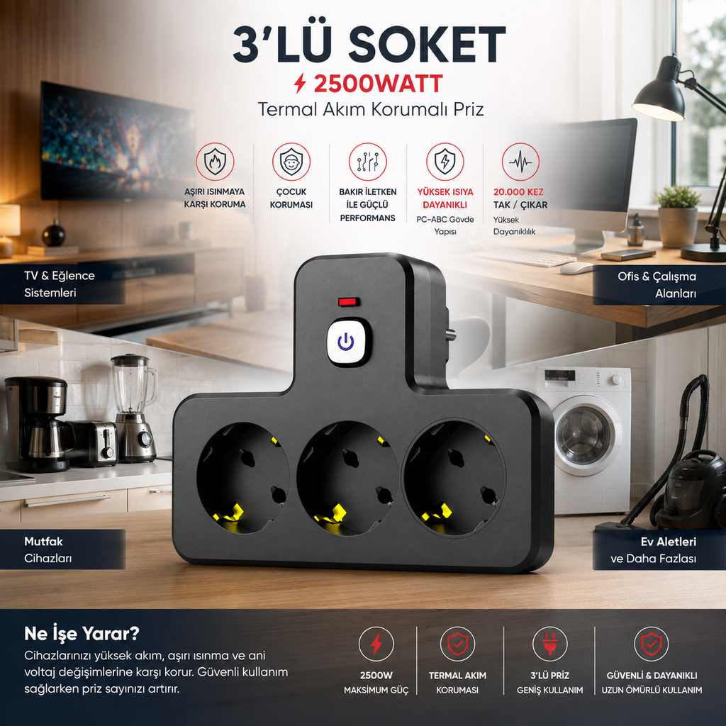 3'lü Termal Akım Korumalı Priz 2500W – Çocuk Korumalı, Anahtarlı Grup Priz