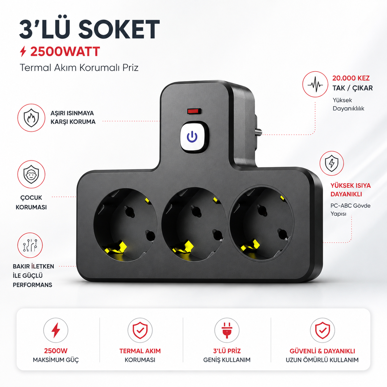 3'lü Termal Akım Korumalı Priz 2500W – Çocuk Korumalı, Anahtarlı Grup Priz
