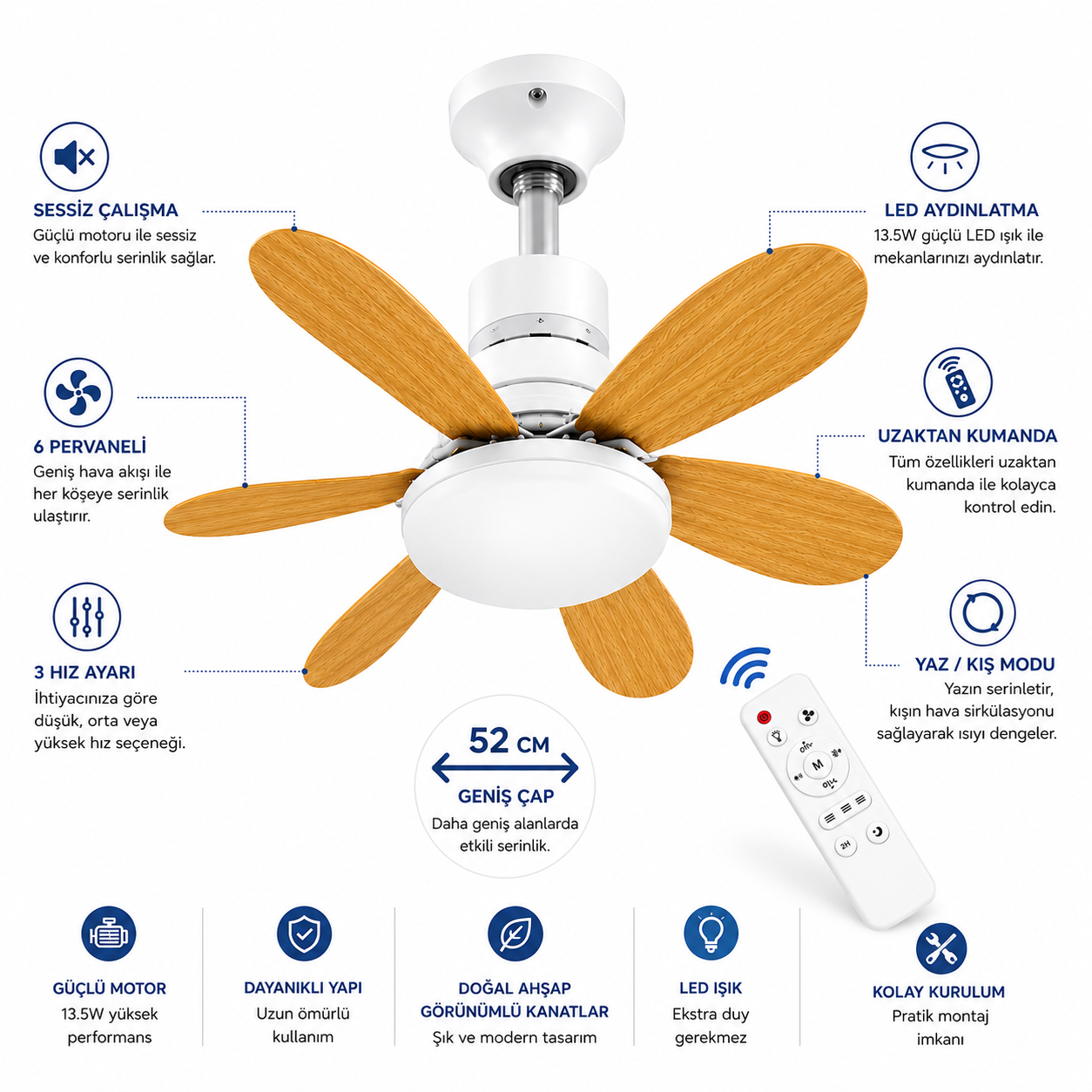 LED Işıklı Tavan Vantilatörü Kumandalı 6 Kanatlı | 3 Hız Kademesi | 3 Işık Rengi | E27 Uyumlu