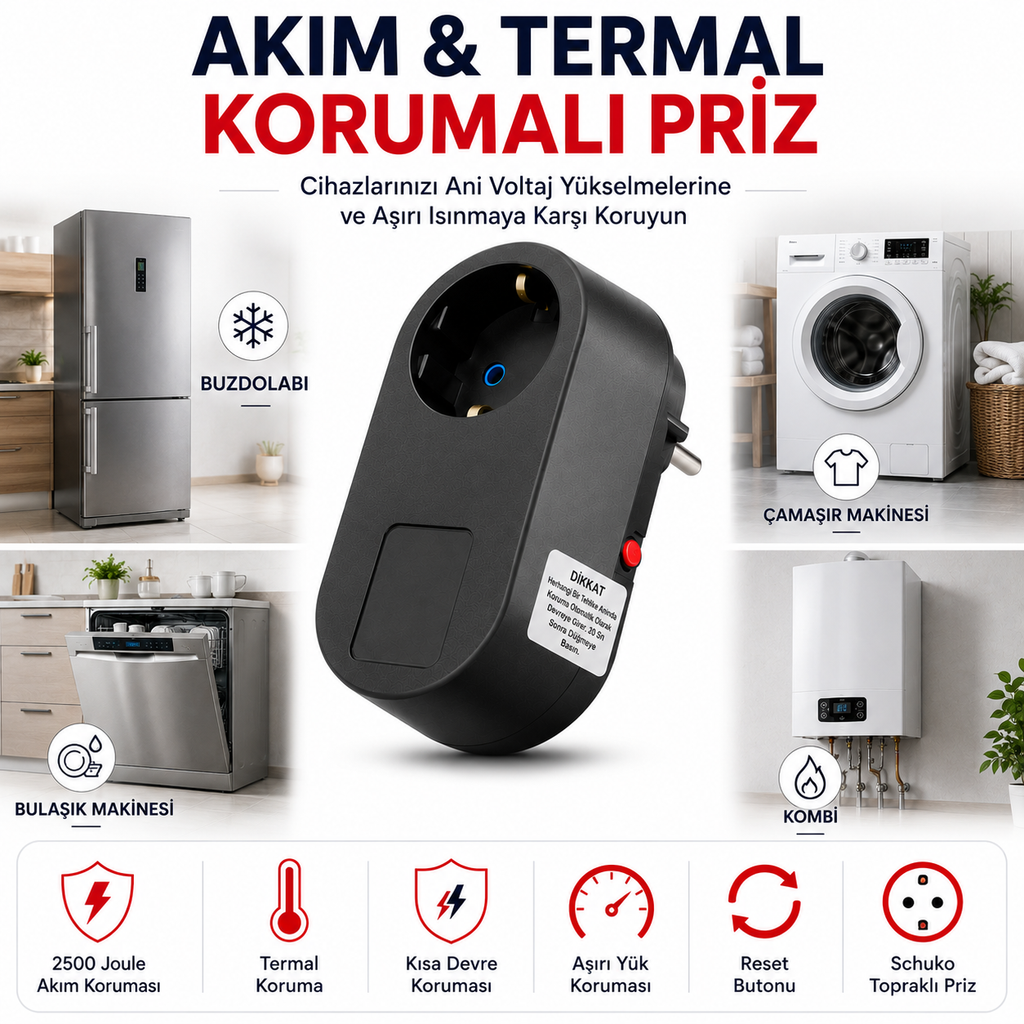 Akım ve Termal Korumalı Tekli Priz 2500 Joule – Reset Butonlu Schuko Koruma Prizi | Buzdolabı, Çamaşır Makinesi ve Kombi İçin