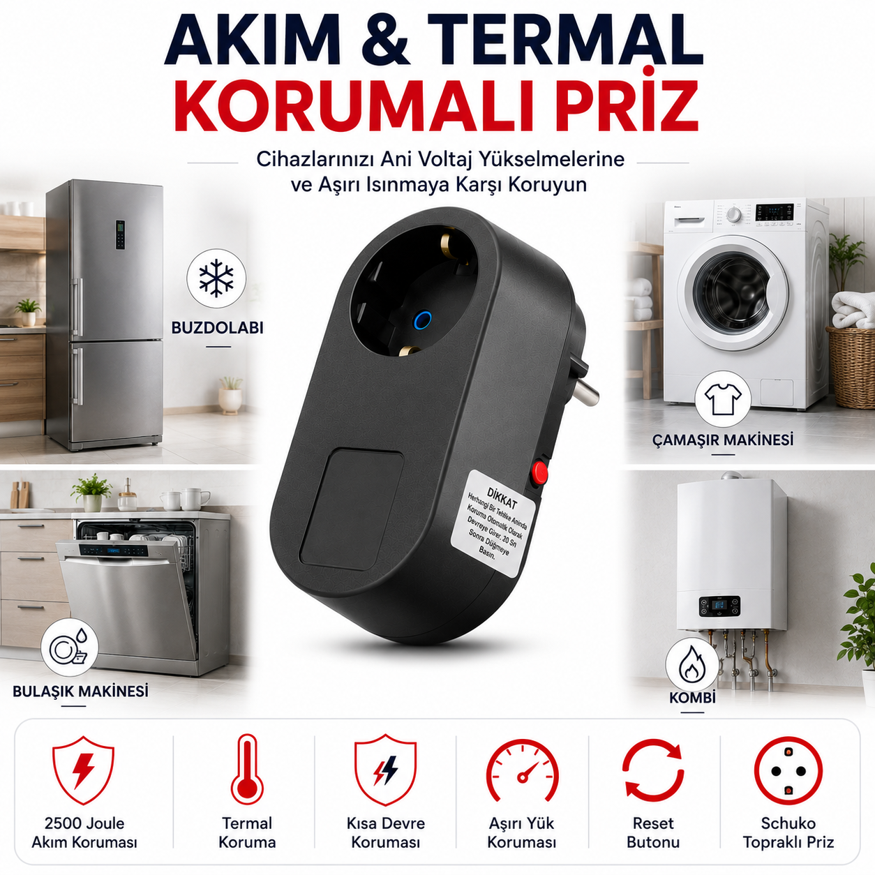 Akım ve Termal Korumalı Tekli Priz 2500 Joule – Reset Butonlu Schuko Koruma Prizi | Buzdolabı, Çamaşır Makinesi ve Kombi İçin