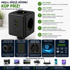 Küp Şeklimde Akım Korumalı Priz | 3 Priz + 2 USB-A + 1 USB-C, Termal Koruma, Çocuk Kilitli 2500W