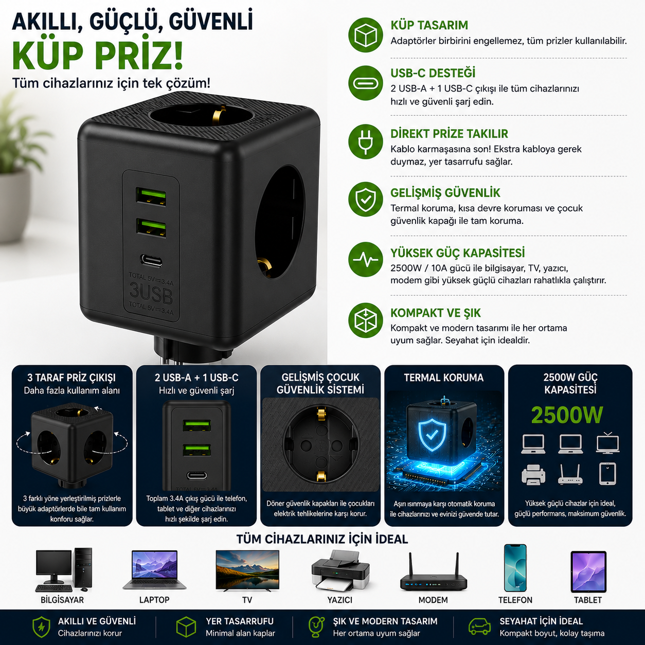 Küp Şeklimde Akım Korumalı Priz | 3 Priz + 2 USB-A + 1 USB-C, Termal Koruma, Çocuk Kilitli 2500W