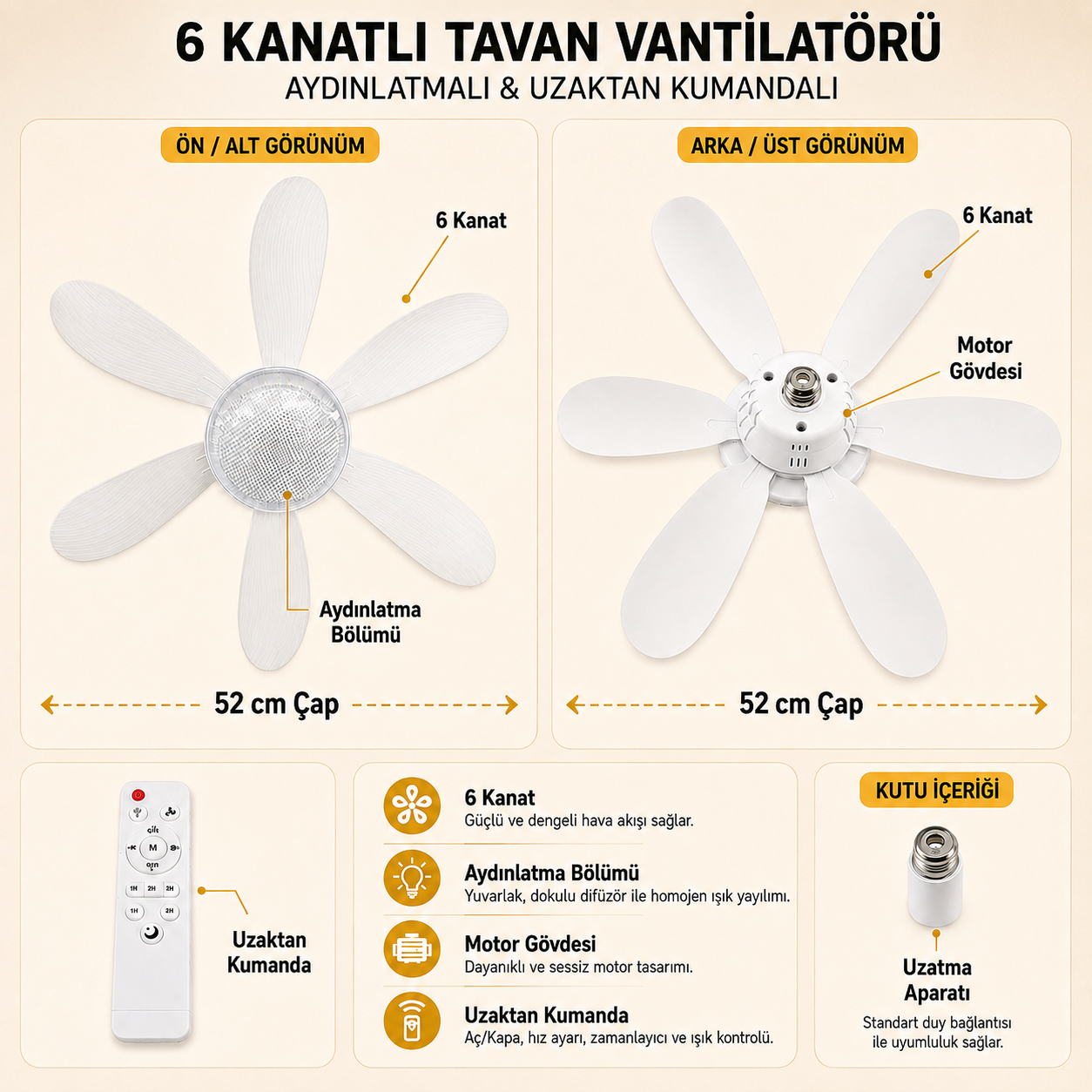 40W 6 Kanatlı Aydınlatmalı Tavan Vantilatörü 52 cm – Uzaktan Kumandalı