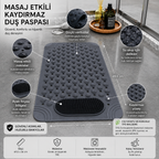 Purish | Kaymaz Banyo Paspası | Antrasit Gri | 69,5x36cm – Dikdörtgen Duş Matı, Küvet Paspası | Vantuzlu, Su Tahliyeli, Masaj, Fırçalı