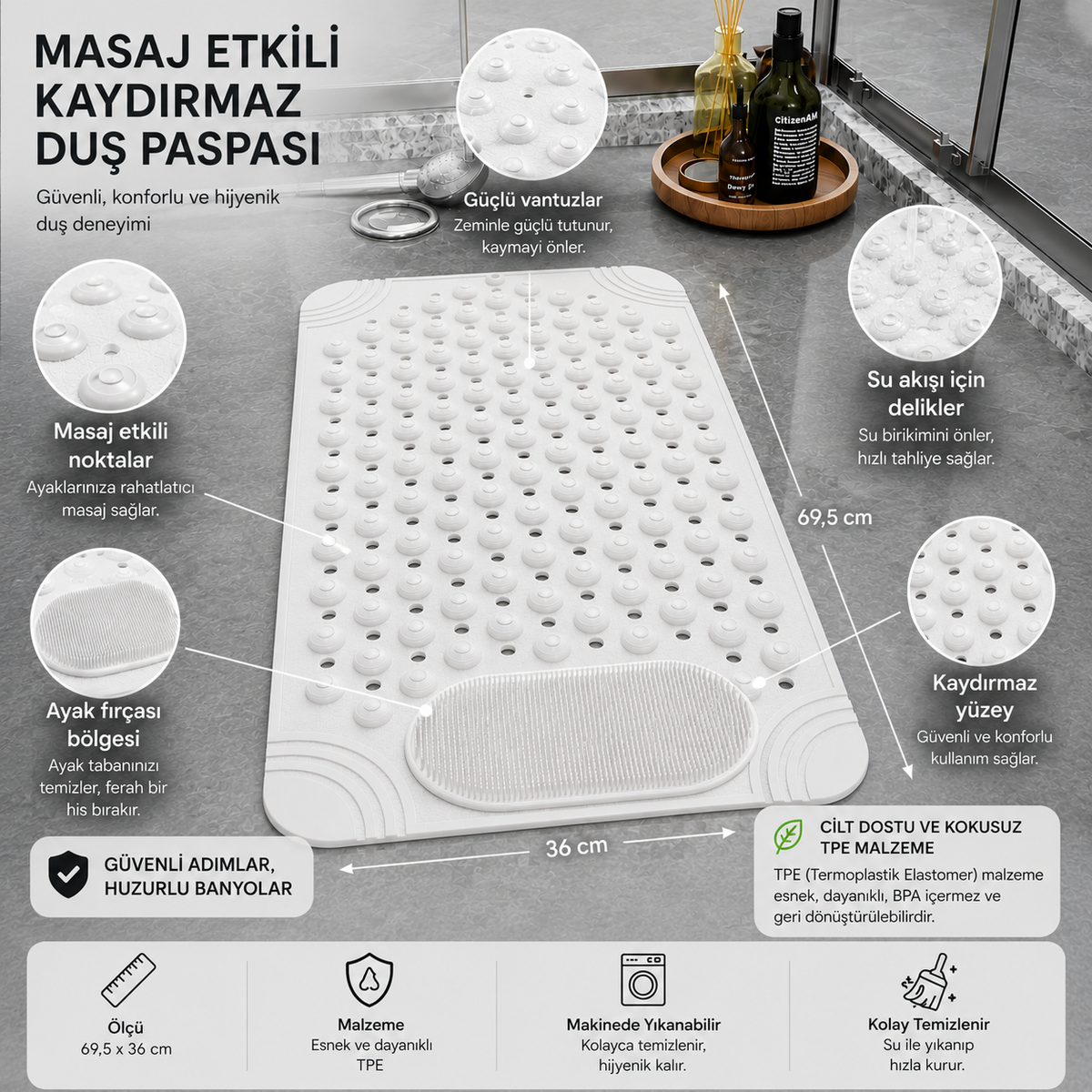 Purish | Kaymaz Banyo Paspası | Beyaz | 69,5x36cm – Dikdörtgen Duş Matı, Küvet Paspası | Güçlü Vantuzlu, Su Tahliyeli, Masaj, Fırçalı