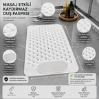 Purish | Kaymaz Banyo Paspası | Beyaz | 69,5x36cm – Dikdörtgen Duş Matı, Küvet Paspası | Güçlü Vantuzlu, Su Tahliyeli, Masaj, Fırçalı