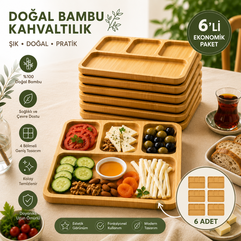 Bambu Kahvaltılık Sunum Tabağı 28x28 cm – 4 Bölmeli Doğal Bambu Servis Tepsisi | 1 Adet, 4’lü ve 6’lı Paket