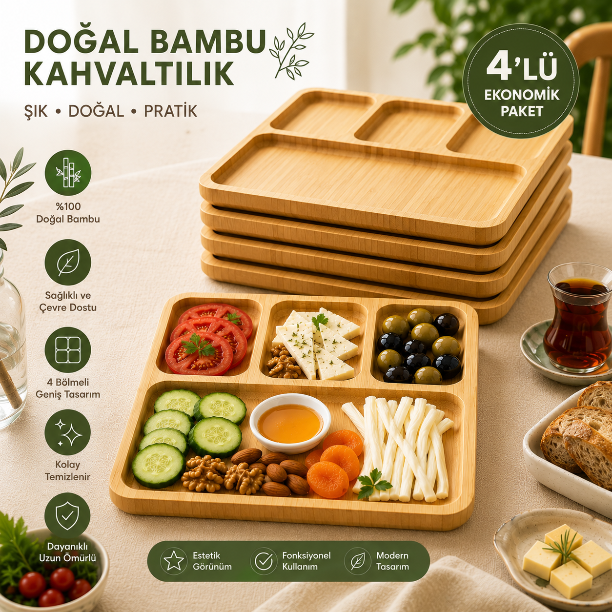 Bambu Kahvaltılık Sunum Tabağı 28x28 cm – 4 Bölmeli Doğal Bambu Servis Tepsisi | 1 Adet, 4’lü ve 6’lı Paket