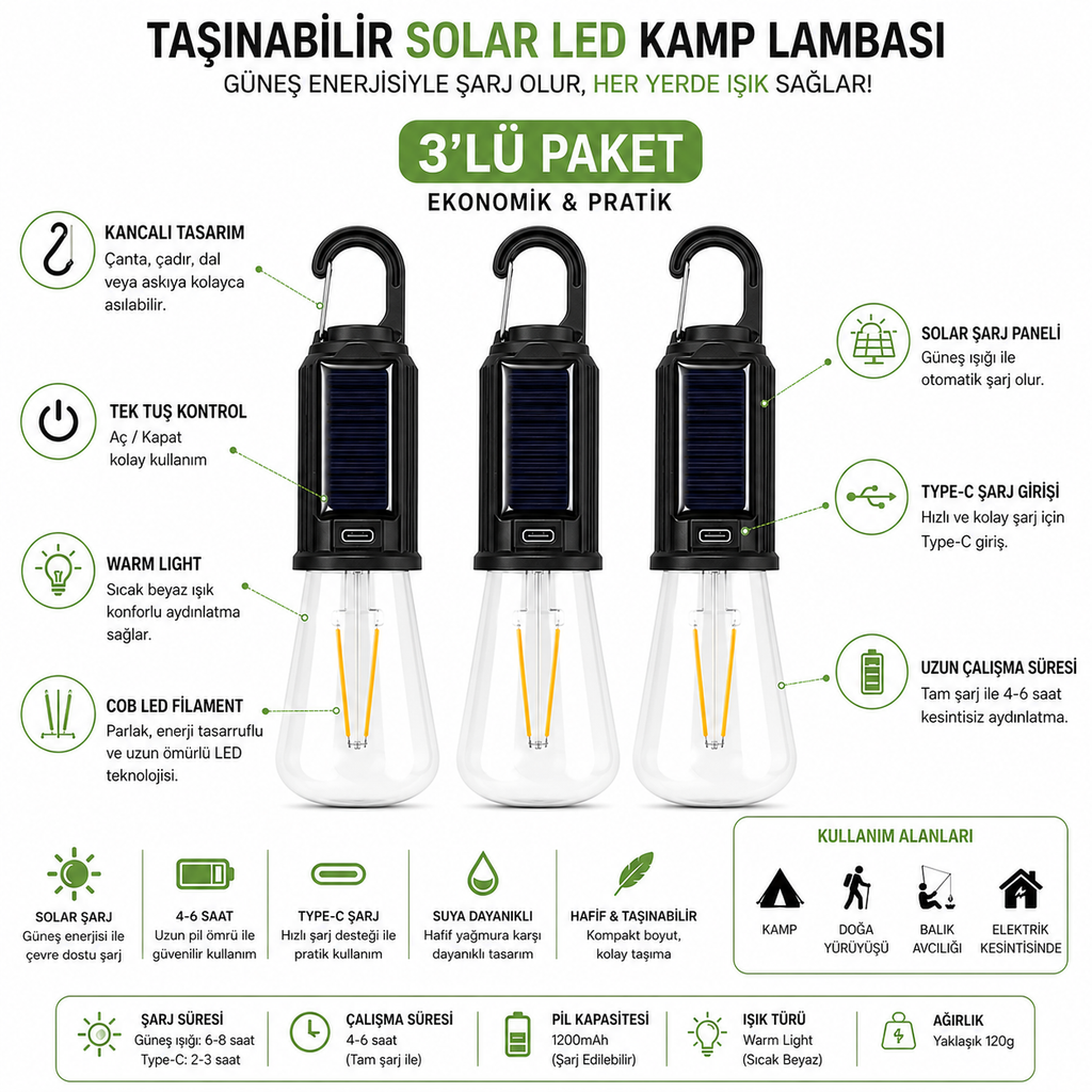3’lü Set Solar Şarjlı LED Kamp Lambası – Type-C Şarjlı Askılı Taşınabilir Aydınlatma