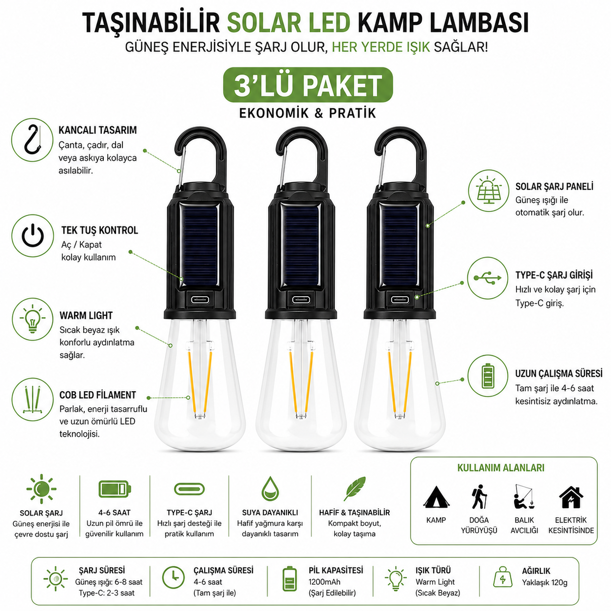 3’lü Set Solar Şarjlı LED Kamp Lambası – Type-C Şarjlı Askılı Taşınabilir Aydınlatma