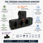 6’sı 1 Arada Akıllı Priz | 3 Soket + USB Girişli Şarj Ünitesi
