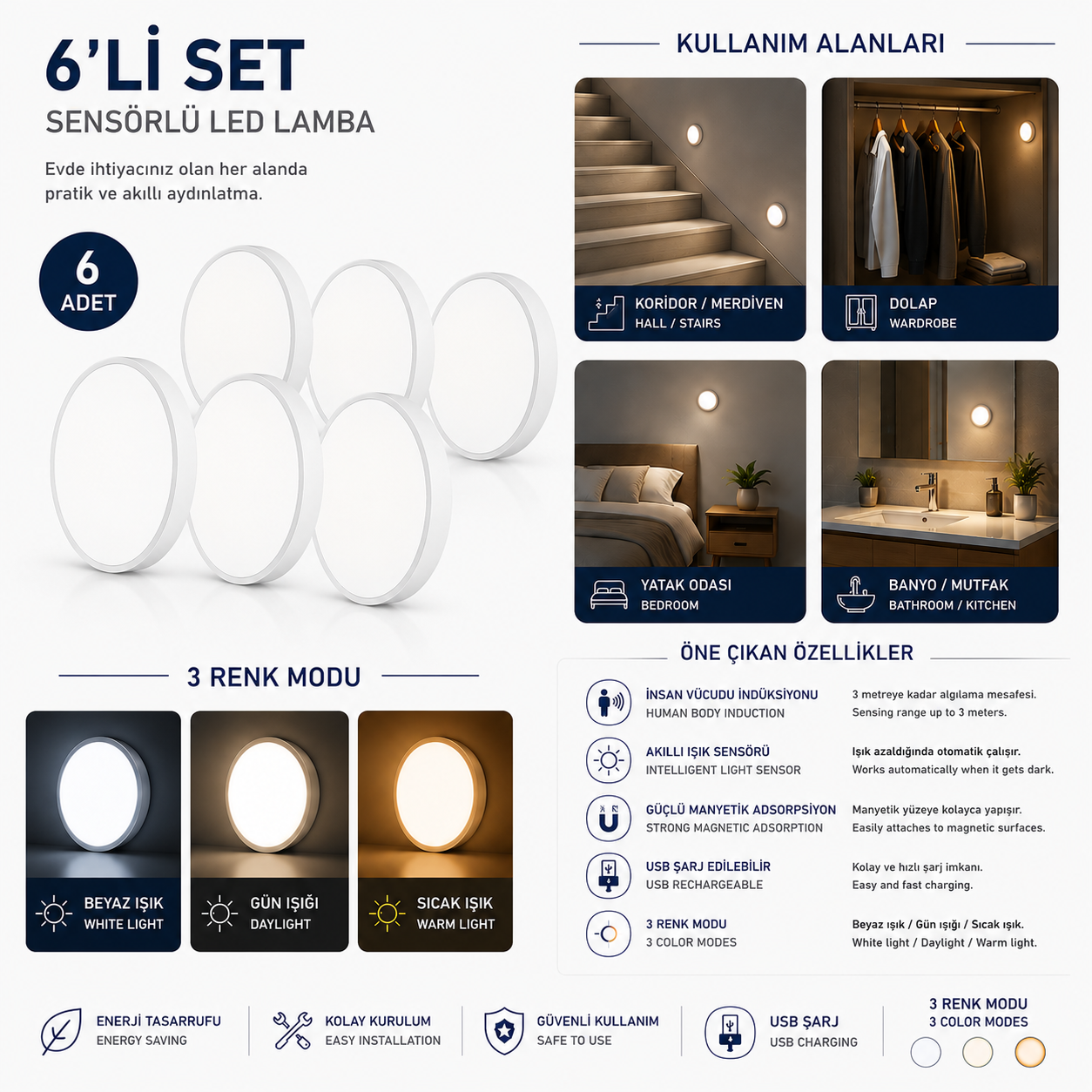 Sensörlü LED Lamba Seti – USB Şarjlı Hareket Sensörlü Manyetik Gece Lambası, 3 Renk Modlu Akıllı Aydınlatma 3’lü / 6’lı Set