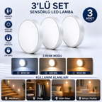 Sensörlü LED Lamba Seti – USB Şarjlı Hareket Sensörlü Manyetik Gece Lambası, 3 Renk Modlu Akıllı Aydınlatma 3’lü / 6’lı Set