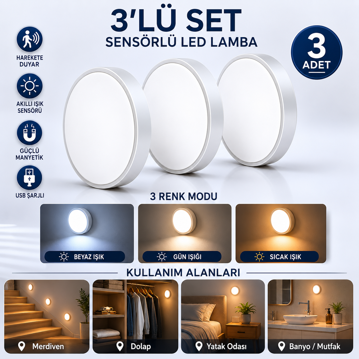 Sensörlü LED Lamba Seti – USB Şarjlı Hareket Sensörlü Manyetik Gece Lambası, 3 Renk Modlu Akıllı Aydınlatma 3’lü / 6’lı Set