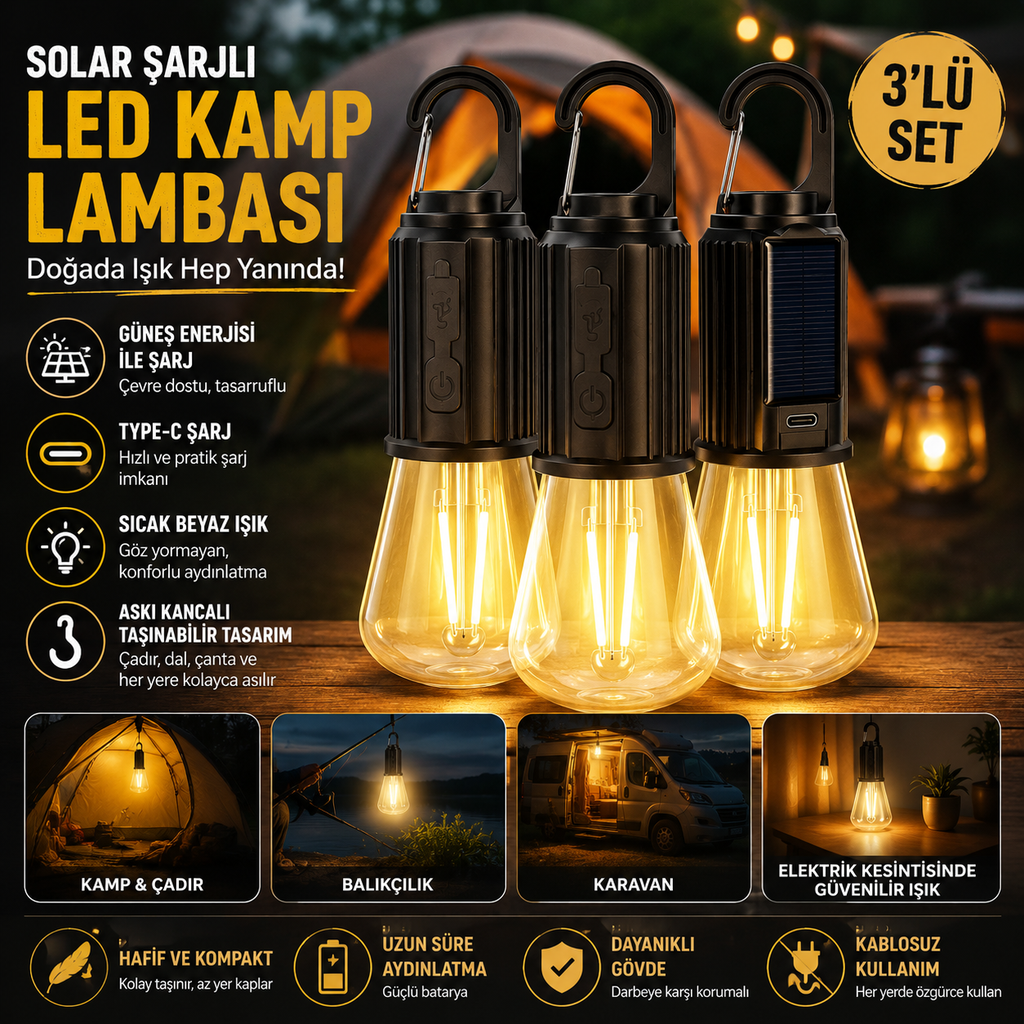 3’lü Set Solar Şarjlı LED Kamp Lambası – Type-C Şarjlı Askılı Taşınabilir Aydınlatma