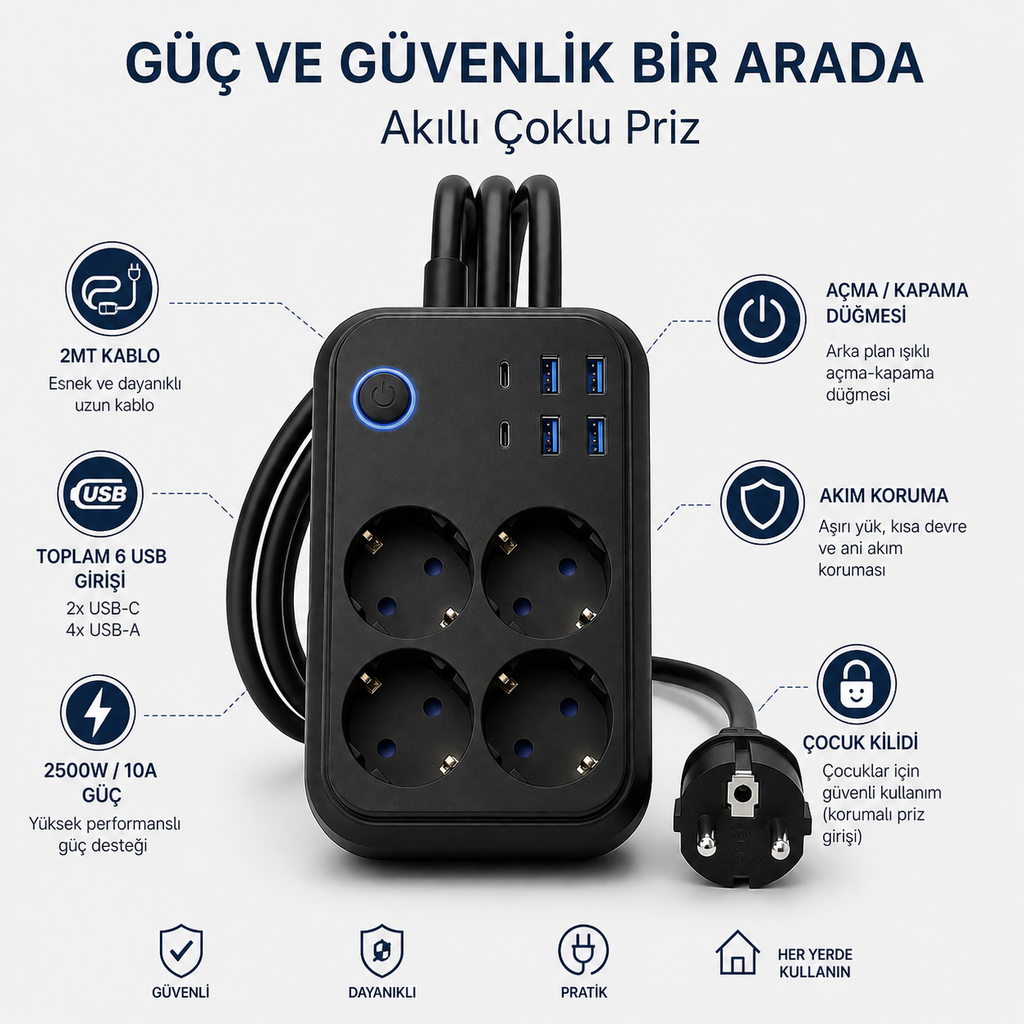 4’lü Topraklı Priz Çoklayıcı 2 Metre Kablolu | 4 USB Girişli (3 USB-A + 1 USB-C) Akım Korumalı Açma Kapama Düğmeli