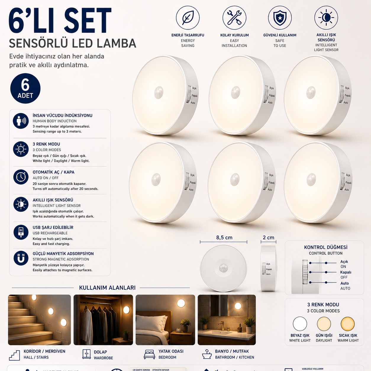Sensörlü LED Lamba Seti – USB Şarjlı Hareket Sensörlü Manyetik Gece Lambası, 3 Renk Modlu Akıllı Aydınlatma 3’lü / 6’lı Set