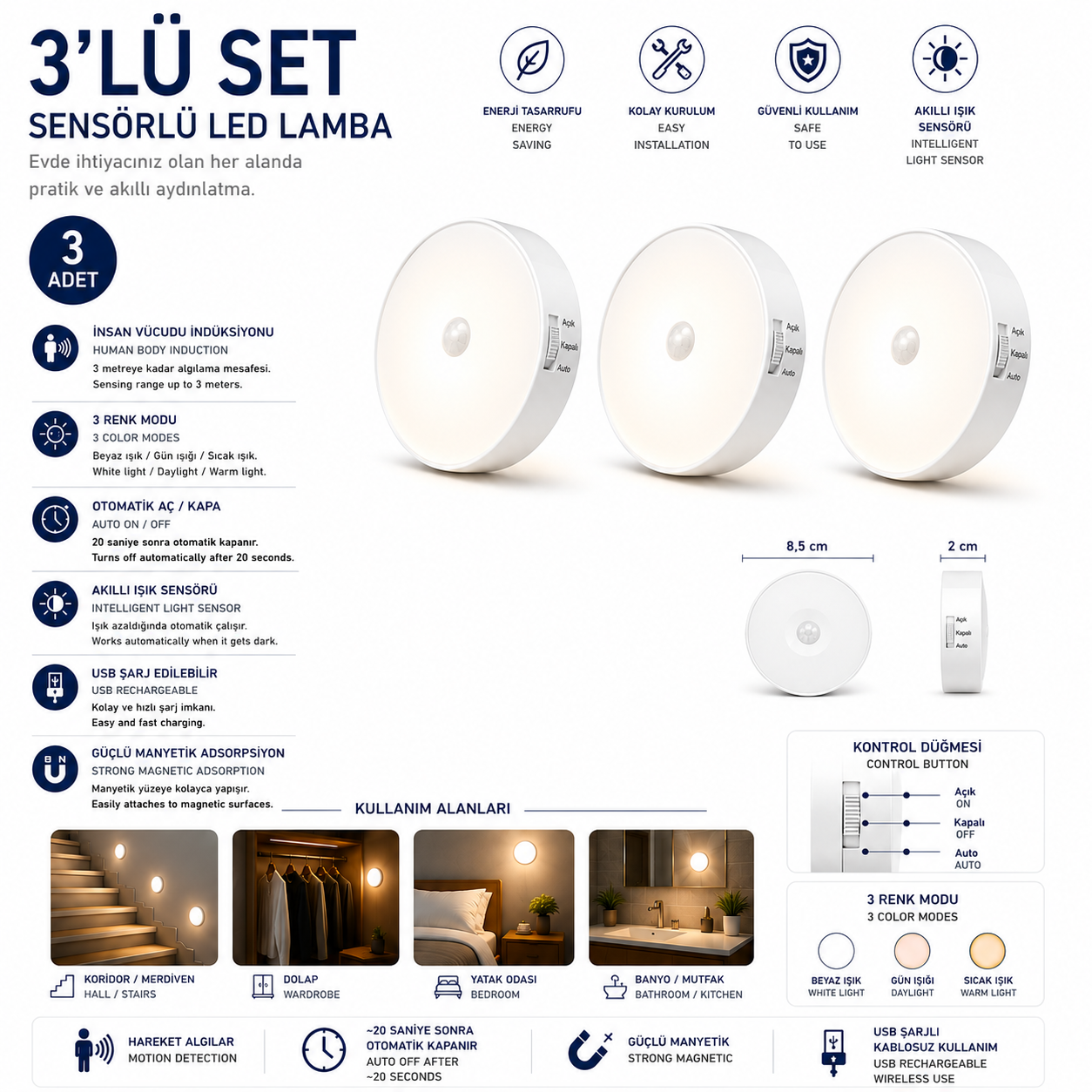 Sensörlü LED Lamba Seti – USB Şarjlı Hareket Sensörlü Manyetik Gece Lambası, 3 Renk Modlu Akıllı Aydınlatma 3’lü / 6’lı Set