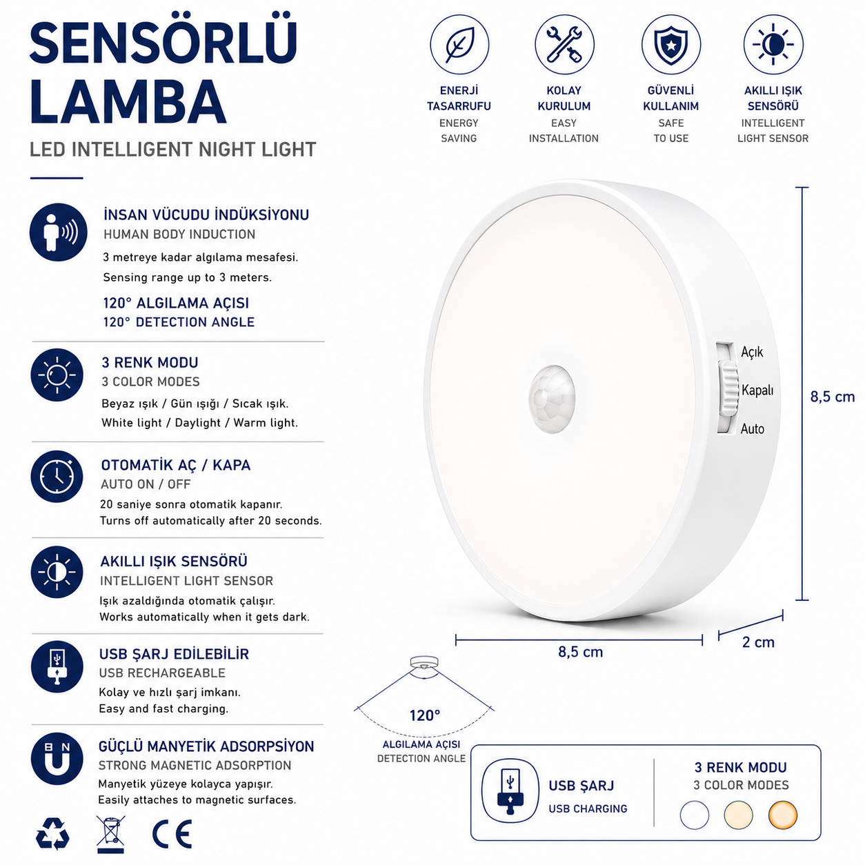 Sensörlü LED Lamba Seti – USB Şarjlı Hareket Sensörlü Manyetik Gece Lambası, 3 Renk Modlu Akıllı Aydınlatma 3’lü / 6’lı Set
