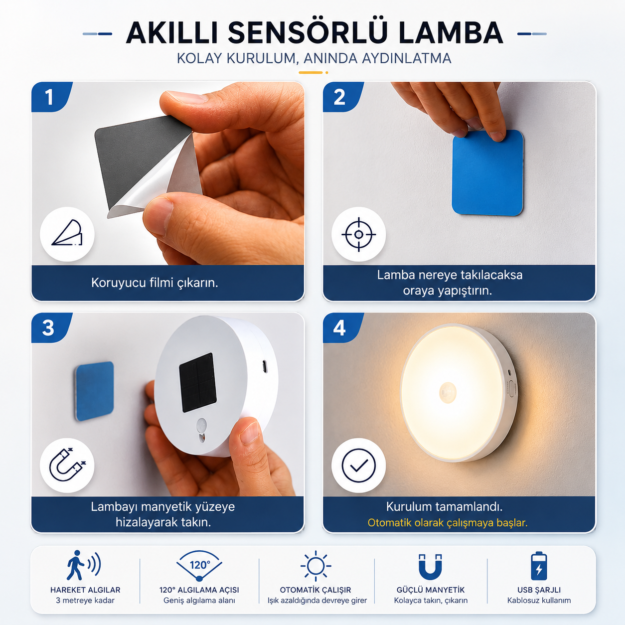 Sensörlü LED Lamba Seti – USB Şarjlı Hareket Sensörlü Manyetik Gece Lambası, 3 Renk Modlu Akıllı Aydınlatma 3’lü / 6’lı Set