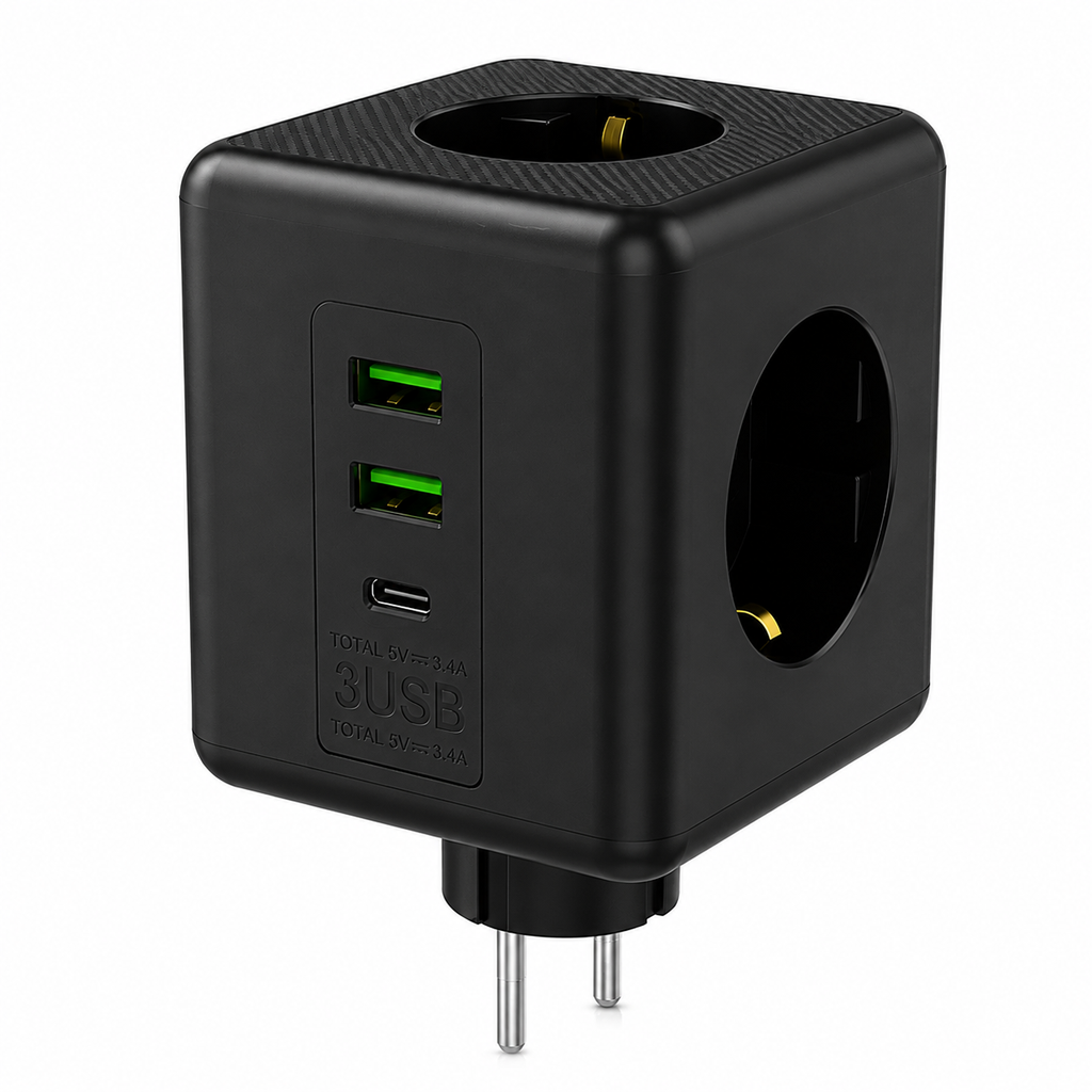 Küp Şeklimde Akım Korumalı Priz | 3 Priz + 2 USB-A + 1 USB-C, Termal Koruma, Çocuk Kilitli 2500W